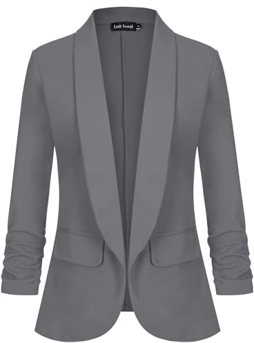 LADI TREND Blazer für Damen, vorne offen, 3/4-Ärmel, gerüschte Ärmel, Jacke, Anzug, einfarbig, Arbeit, Büro, Oberbekleidung, Pattentaschen, Gr-Dark Grey, 52