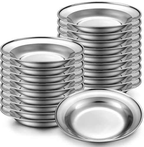 Vesici 20 Pcs Stainless Steel Plates 8.6 Inch Camping Plates Large Serving Platters Silver Serving Platter Mirror Polish Dinner Salad Plates Round Dessert Plates for BBQ Meat Sushi Fruit