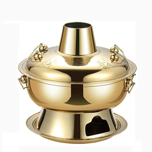 Yiustldd Holzkohle-Kupfertopf, verdickter Haushalts-Kupferimitat, Hot Pot, altes Peking Shabu-Shabu für Neujahr, Weihnachten, Halloween,Gold,36CM