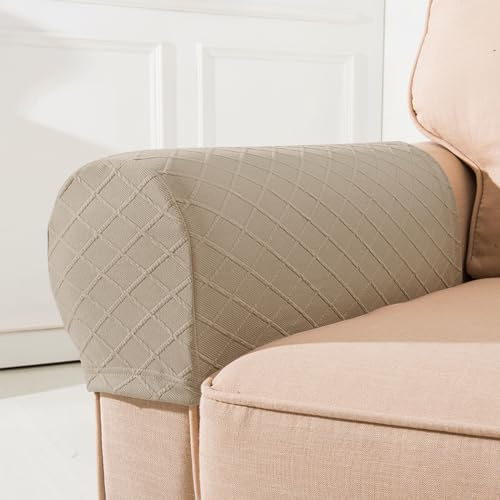 NEKOSUKI Arm Rest Covers, Set of 2 Stretch Diamond Pattern Armchair Couch Stretch Armrest Chair Covers for Furniture Protector, Anti-Slip Sofa Chair Arm Caps Spandex Polyester Slipcovers (Sand)