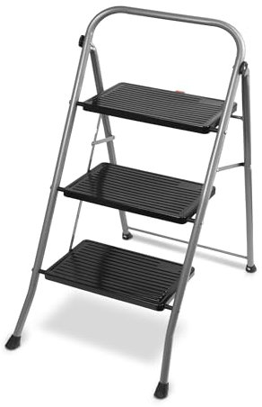 TIENDA EURASIA - Taburete Plegable | Escalera Plegable | Estructura de Metal | Color Plata y Negro | Peso máximo 150 kg | Escalones Antideslizantes | Escaleras Plegables Aluminio (3 Peldaños)