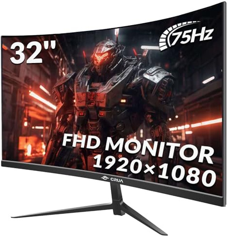 CRUA Curved Gaming Monitor 32 Zoll 75HZ,PC Monitor 1080P, Curved monitor1500R Rahmenloses VA Screen 99% sRGB Professional Color Gamut Computer Monitor, 1msGTG with FreeSync, Low Blue Light, VESA