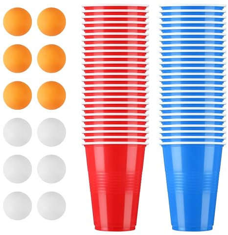 BUCOMTU Becher Set，Becher Partybecher Enthält 50 Becher (16oz) und 12 Tischtennisbälle，mehrweg Becher，Perfekt für Party Partys, Geburtstage, Hochzeiten, Camping