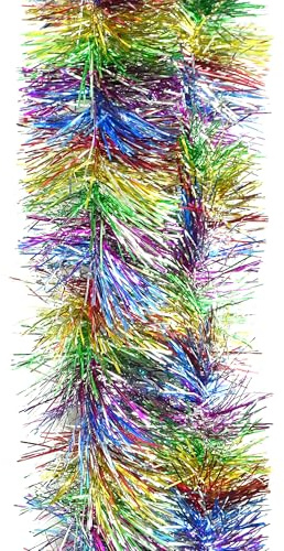 Trimming Shop 6.5ft/2m Rainbow Christmas Tinsel Garland Shiny Metallic Fine Foil Twist Xmas Tree Garland for Festive Party, Holiday Celebration, Indoor & Outdoor Hanging Decorations