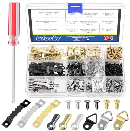 Glarks Kit da appendere foto da 631 pezzi in oro, argento e nero, include appendini dentellati per cornici, pulsanti per ruotare le cornici, appendini per foto con anello a D, viti e cacciavite per