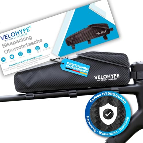 Velohype® XL-Bikepacking Oberrohrtasche | 2,5 Liter | 100% Wasserdicht | reissfestes Carbon-Hydroguard Material | Top Tube Bag für Gravelbike, Rennrad, MTB und Touren Fahrräder | mit Schutzaufkleber