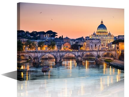 Framed Canvas Wall Art 1 Panels Night View of the Basilica St Peter in Rome, Italy Pictures Print On Canvas for Bedroom Living Room Wall Decoration, Wooden Framed Ready to Hang, 36 Wx24 H