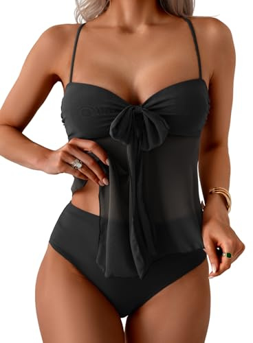 B2prity Tankini Swimsuits for Women, Tummy Control Flowy Mesh Tops, High Waisted Bottoms, Coquette 2 Piece Bathing Suits Black