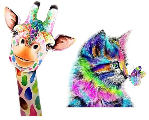 Tunejoy 5D Peinture en Diamant Strass Chat Girafe Forage Complet Broderie Diamond Painting Kits Salon Chambre Décoration Autocollant Mural 2 Pièces