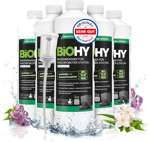 BiOHY Limpiador de suelos para robot limpiador estación con aroma primaveral (6 x 1 litro) + dosificador, detergente concentrado para todos los robots limpiadores y aspiradores con función húmeda,
