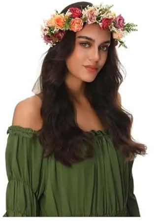 Tocado de corona floral, rosas rosas y melocotón, corona de pelo de boda, estilo bohemio