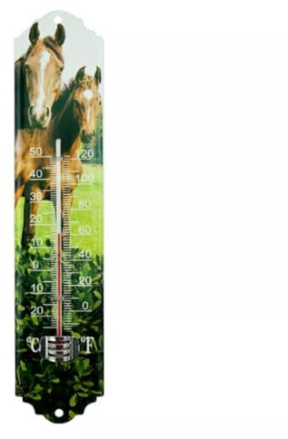 MIKONI Zimmerthermometer Metall 29,5 x 6,5 cm Thermometer Innen Außenthermometer Analog Raum Garten MD19 (Pferde)