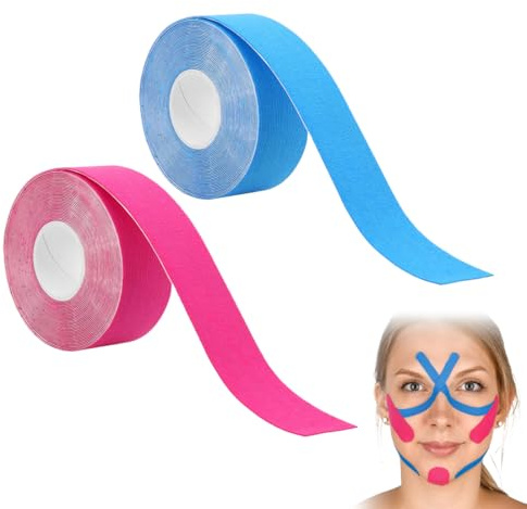 SIRLOMU 2 rollos banda muscular lifting facial transpirable, banda multifuncional de lifting miofascial y tensado facial (2,5 cm x 5 m) (azul y rosa)