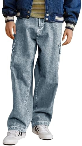 Haloumoning Jeans da ragazzo per bambini, pantaloni cargo baggy per il tempo libero, autunno, moda casual, pantaloni in denim con elastico in vita 5-14 anni, Azzurro, 13-14 Anni