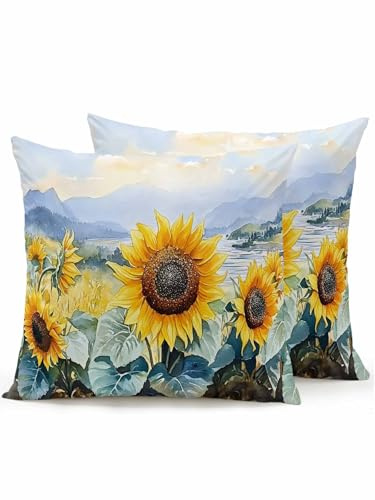 Pinroote Outdoor Pillows Waterproof, Sunflower Summer Bedding Throw Pillows with Insert for Couch Sofa Bed, Vintage Farmhouse Field Floral 16x16 Inch Pillowcases Camping Patio Pillow Set of 2