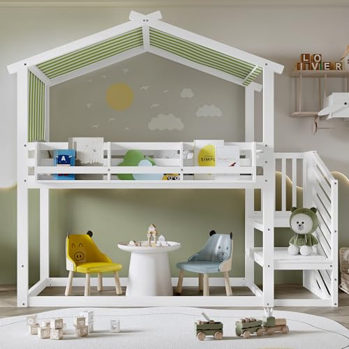 ModernLuxe 3FT Bunk Beds for Kids, Kids Loft Bed with Decorative Canopy, Corner Staircase and Small Picture Bookshelf, MDF Pinewood Plywood, Suitable for Children and Teens, White & Green, 90x190cm