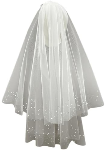 Elegent Brautschleier mit Perlen Schleier für Bräute,Tüll Kopfschleier Kleid Accessoires,Bride Veil,Hochzeit Zubehör,Schleier für JGA Junggesellinnenabschied Halloween Hochzeit Hen Party,Off-White
