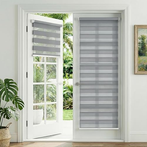 No Drill Zebra Blinds for French Door, 30 5/8 W x 72 L, Grey | Cordless Blinds for Door with 30 Covering Width, Small Gap Design Light Filtering Sheer Shades for Indoor Windows, 1 Panel