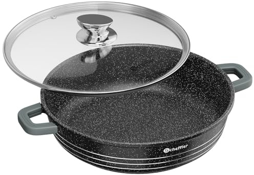 Scheffler Servierpfanne Induktion, 36 x 8,5 cm Schmorpfanne aus Aluminiumguss, Pfanne Bratpfanne mit Marmor-Antihaftbeschichtung, Glasdeckel, Silikongriff
