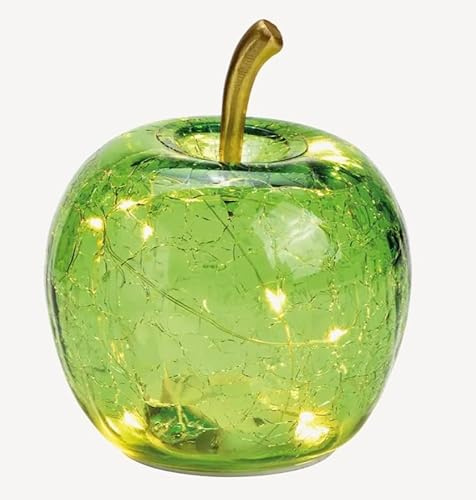 Seyila Home Dekorative Glas Apfel Leuchte mit LED Beleuchtung und Timer (unten), Crackle-Effekt Glas, Goldener Stiel, Weihnachtsdeko, Lampe (Hellgrün, 7 cm)