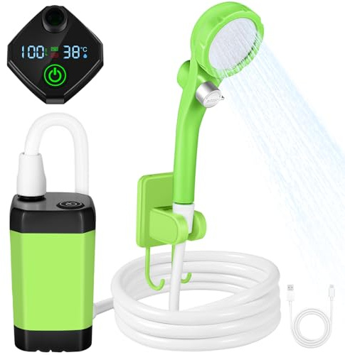 Camping Shower, Portable, Camping Shower with Battery and Temperature Display, Mobile Shower, Outdoor Set with Rechargeable Battery with Shower Head and 2 m Hose, for Garden, Car Washing, Travel, Pet