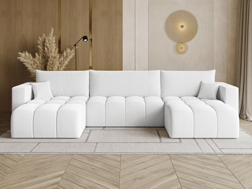 GRAINGOLD Neva U Ecksofa mit Schlaffunktion & Bettkasten 370x170 cm, U-Form Sofa mit Stauraum, Schlafcouch für Wohnzimmer, Bouclé-Stoff, 5-Sitzer Wohnlandschaft, Modernes Design (Weiß)