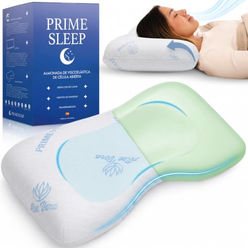 PRIME SLEEP Almohada Cervicales y Cuello Alta Densidad 2 en 1 Apta para Todas Las Posturas | Almohada Viscoelástica Ergonómica de Célula Abierta | Soporte Ortopédico | Funda Aloe Vera Lavable