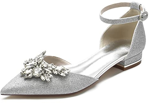 Yhsdfcn Bröllop Glittriga Ballerinaskor med Öppen Sida Spetsig Tå Blommig Kristall och Fotledsrem,Silver,EU36