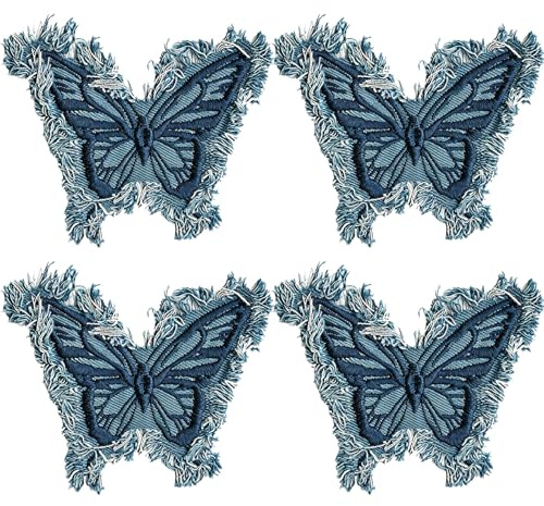 Floruvia 4Stk Denim-Schmetterling-Aufnäher, Gestickte Applikation Mit Fransen, Retro-Schmetterlings-Denim-Patches Zur Reparatur Von Jeansjacken Taschen Hüten Schuhen
