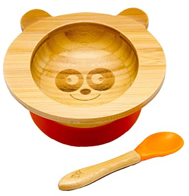 KLEINER FUCHS Präsentiert - Hochwertige Babyschale aus natürlichem Bambus mit rutschfestem Saugnapf und passendem Babylöffel, auch perfekt als Geschenkset (Panda)