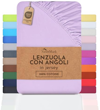 NatureMark Lenzuolo con angoli elasticizzati in jersey, in 100% cotone, in molti colori e misure, conforme all’Oeko-Tex Standard 100, 90 x 200 cm - 100 x 200 cm Lilla/lavanda
