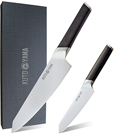 KUTOYAMA - Coffret 2 Couteaux de Cuisine Design Japonais Chef 20cm + Universel 13cm Lames en Acier Inoxydable Chrome et Carbone Manches Ebène - Pour Chef Professionnel & Particuliers