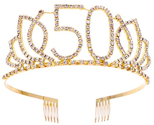 Frcolor krona födelsedag 50 diadem tiara med hårkam kristall strass födelsedagspresent 50 år för kvinnor (guld)