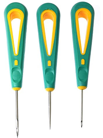 RLECS 3pcs Steel Sticher Sewing Awl Canvas Leather Sewing Shoes Repair Sewing Crochet Awl Hand Stitching Taper Needle Tool with Rubber Straight Head/Hook Head/Medium Hole Awl