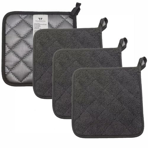 Minkabo Thstheaven 4 Pack Pot Holders for Kitchen Heat Resistant Dark Grey Pot Holders Sets Oven Hot Pads Terry Cloth Pot Holders for Cooking Baking