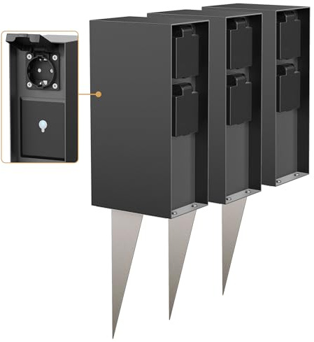 ledscom.de 3X Garten-Steckdosensäule POMI mit Erdspieß für außen, IP44, Smart Home, WLAN, Alexa, 3-Fach, anthrazit, eckig, 23cm