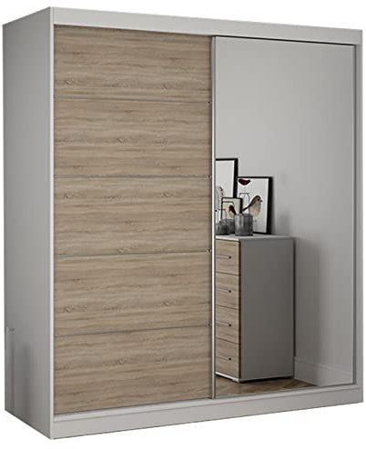 Fabryka Mebli Idźczak Kleiderschrank mit Spiegel - Schwebetürenschrank, Schlafzimmerschrank - Sonoma, Weiß Schrank für Schlafzimmer, Ankleidezimmer - 61 x 183 x 218 cm - Garderobenschrank