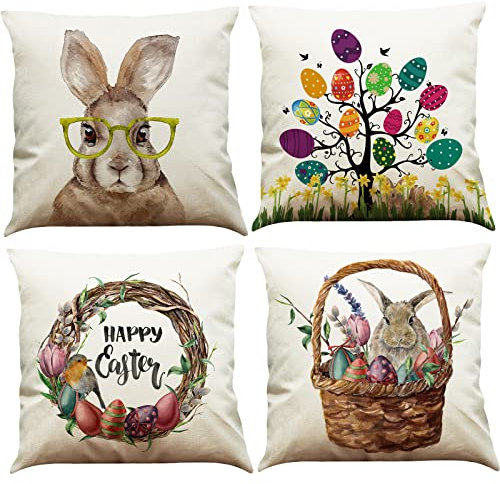 BINXWA 4 Stück Kissenbezug Ostern,Osterdeko Modern Baumwolle Leinen Ostereier Häschen Kissenhülle Kissenbezug 45 x 45cm