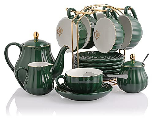 Service à thé en porcelaine de la série Royal britannique, 237 ml - Service pour 6 personnes - Avec théière, sucrier, pichet à crème, cuillères à café et passoire à thé(jade)