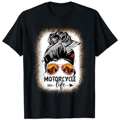 Leopard Messy Bun Hair Woman Motorcycle Life Biker Girl T-Shirt