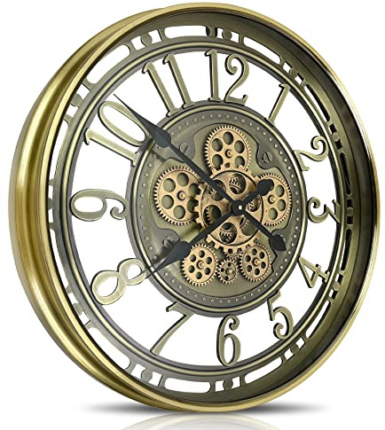 DORBOKER Wanduhr Groß mit Beweglichen Zahnrädern Moderne Industrial Steampunk XXL Vintage Retro Antike Metall Uhr für Küche Wohnzimmer Zuhause Bar Schule(53.5cm, Bronze Gold Arabische Ziffern)