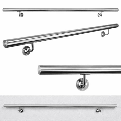 Edelstahl Wand Treppe Handlauf 150cm Geländer Wandhandlauf, rundes Treppengeländer, innen & außen, Ø 45 mm - vormontiert mit Halterung - rostfrei