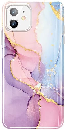 luolnh Gold Glitter Sparkle Case Compatible with iPhone 12 and iPhone 12 Pro 6.1 Inch Marble Design Shockproof Soft Silicone TPU Bumper Cover Skin Phone Case(Purple&Pink)