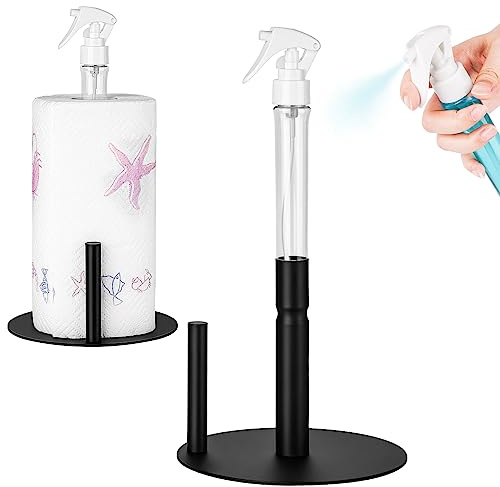 ANMEISH Paper Towel Holder with Spray Bottle, Kitchen Roll Holder Free Standing, Black Stainless Steel Countertop Paper Towel Stand, One-Handed Tissue Rack with Non Slip Weighted Base for Bathroom
