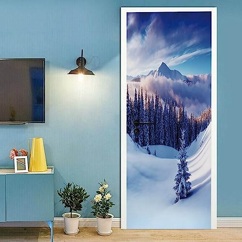 A.Monamour Türtapete Selbstklebend Türfolie Türposter 3D Verschneite Bäume Auf Winter Gebirgs Naturlandschaft Vinyl Folie Türdeko Tapete Wandbild Türaufkleber Türtattoo 90x200cm