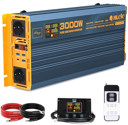 HLCJC Inverter da 3000 Watt, onda sinusoidale pura DC 12 V a 230 V AC, convertitore di corrente con 2 prese di ricarica AC e convertitore di corrente solare per veicoli e casa, display LCD e porte di