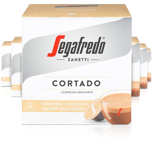 Segafredo Zanetti 96 Cortado Coffee Capsules Compatible with Dolce Gusto by Nescafé - Espresso Macchiato with Creamy Milk (6 Boxes of 16 Capsules Each)