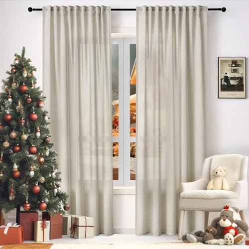 WOLTU 2er Set Gardinenn, Schiebegardine für Wohnzimmer Schlafzimmer, mit Kräuselband, Leinenoptik, Halbtransparent Voile modern, 135 x 225 cm, Sand