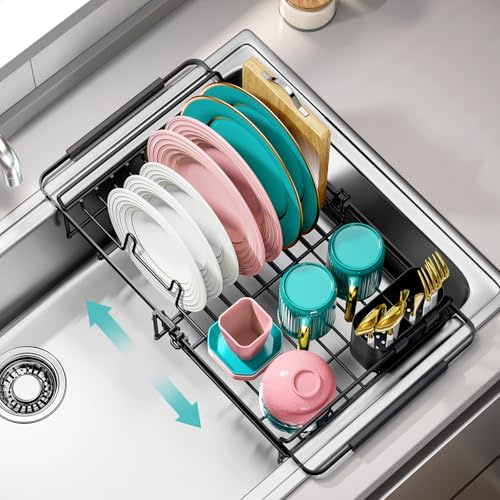 Urackify Expandable in Sink Dish Drying Rack - Adjustable Dish Rack Over Sink, Rustproof Dish Drainer for Kitchen Counter, Dish Strainer with Utensil Holder, Fit Kitchen for 13-18