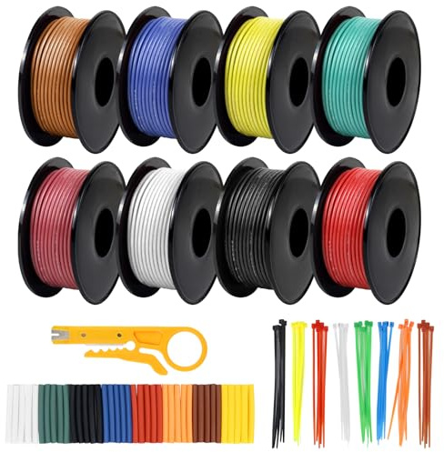 22 AWG Stranded Wire Spool, 16.5ft Each in 8 Colors - Silicone Electrical Tinned Copper Wire, 22 Gauge Flexible Hook Up Wire Kit for DIY, Automotive, Home, and Power Wiring